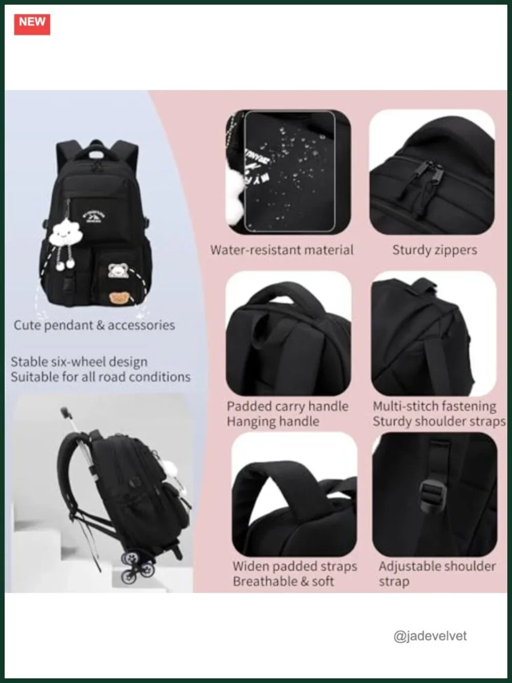 Rolling Backpack for Kids, Water-Resistant Nylon, 2 Wheels, Elementary & Middle